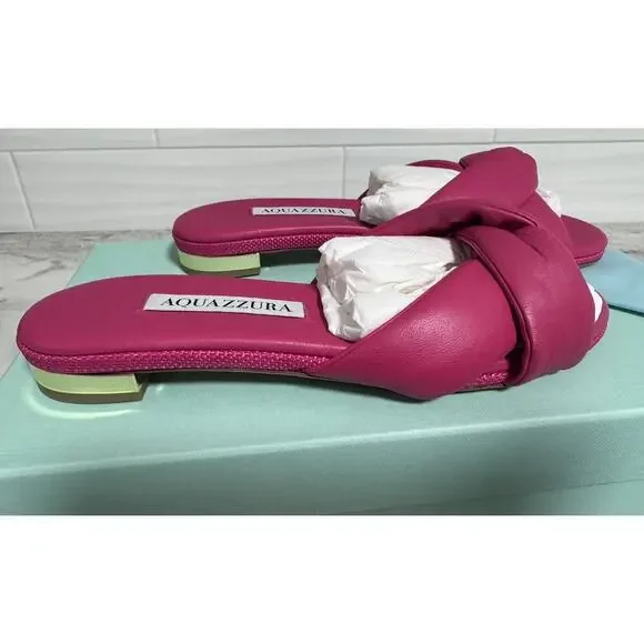 New Aquazzura Olie Pink Soft Leather Raffia Flat Slide on Sandals Size 35 - Picture 6 of 12